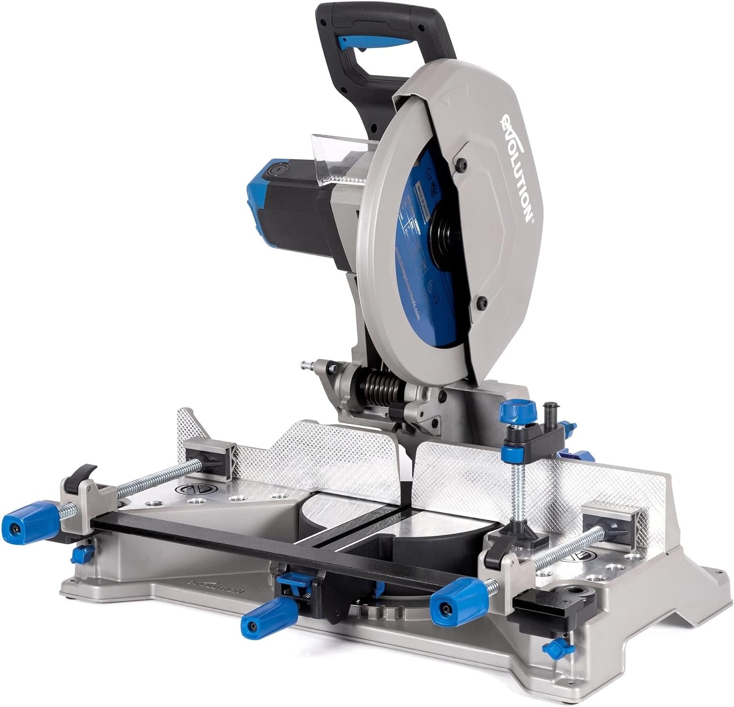 Evolution S355MCS 14-Inch Heavy Duty Metal Cutting Mitering Chop Saw with 15-amp motor, adjustable miter base, and carbide-tipped blade.