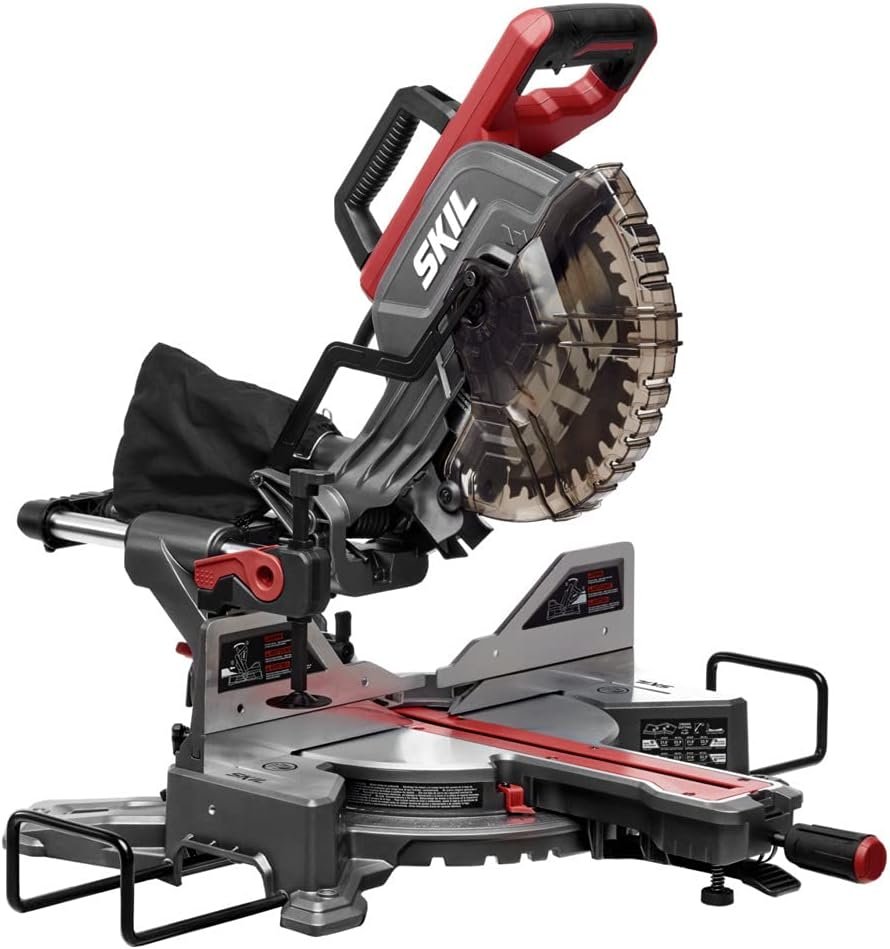 Skil 10-Inch Dual Bevel Sliding Compound Miter Saw - MS6305-00, with a 15-Amp motor, dual bevel capability, and laser guides for accurate cuts.
