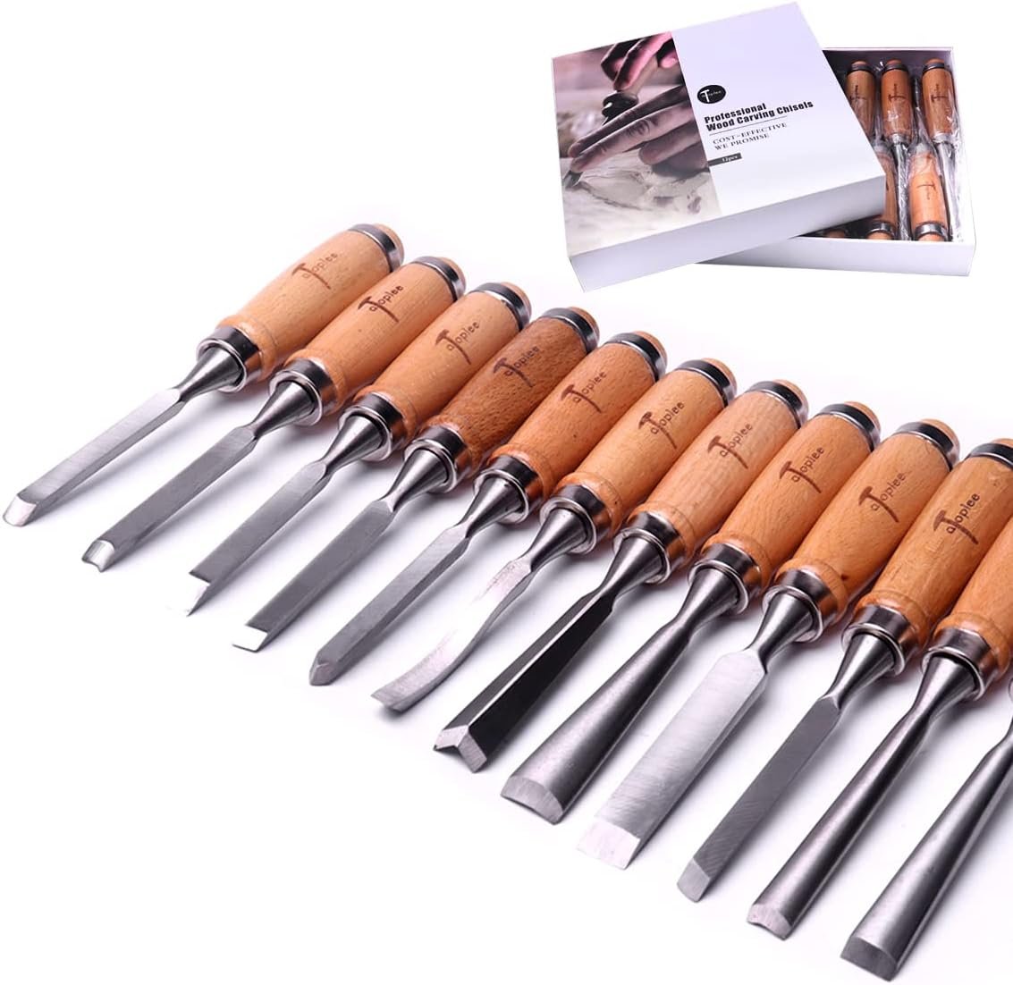 ATOPLEE 12pcs Wood Carving Chisel Set for Woodworking with High Carbon Steel Blades, Box, and Roll Up Bags.