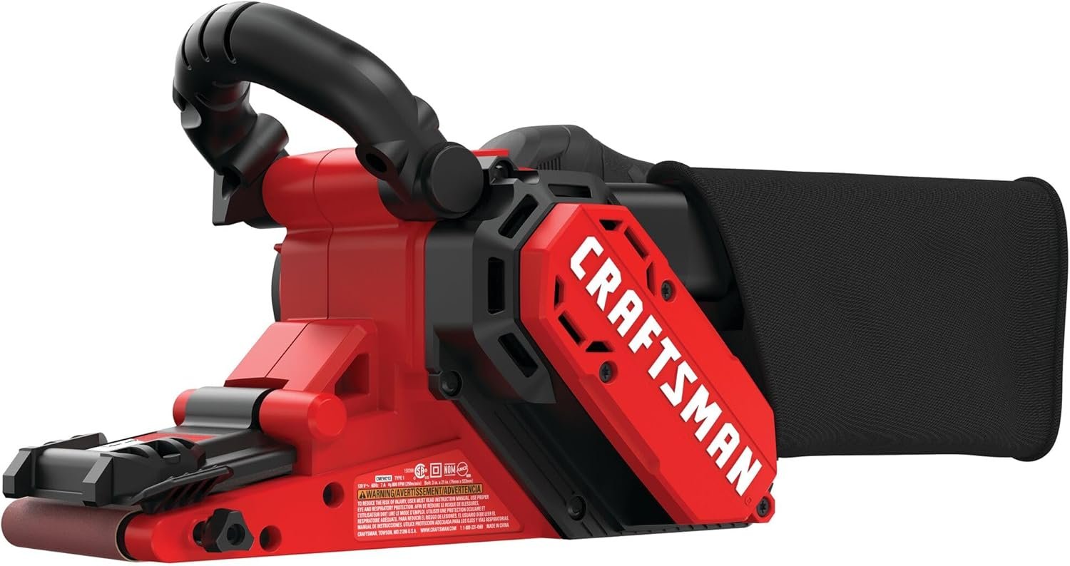CRAFTSMAN Belt Sander, 3 inch x 21-inch, 7 Amp, Corded (CMEW213) with angled belt design and high-performance dust collection system.