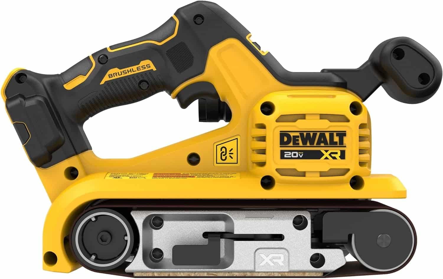 DEWALT 20V MAX* Cordless Belt Sander, Brushless, Tool Only (DCW220B) with variable speed trigger and efficient dust collection system.