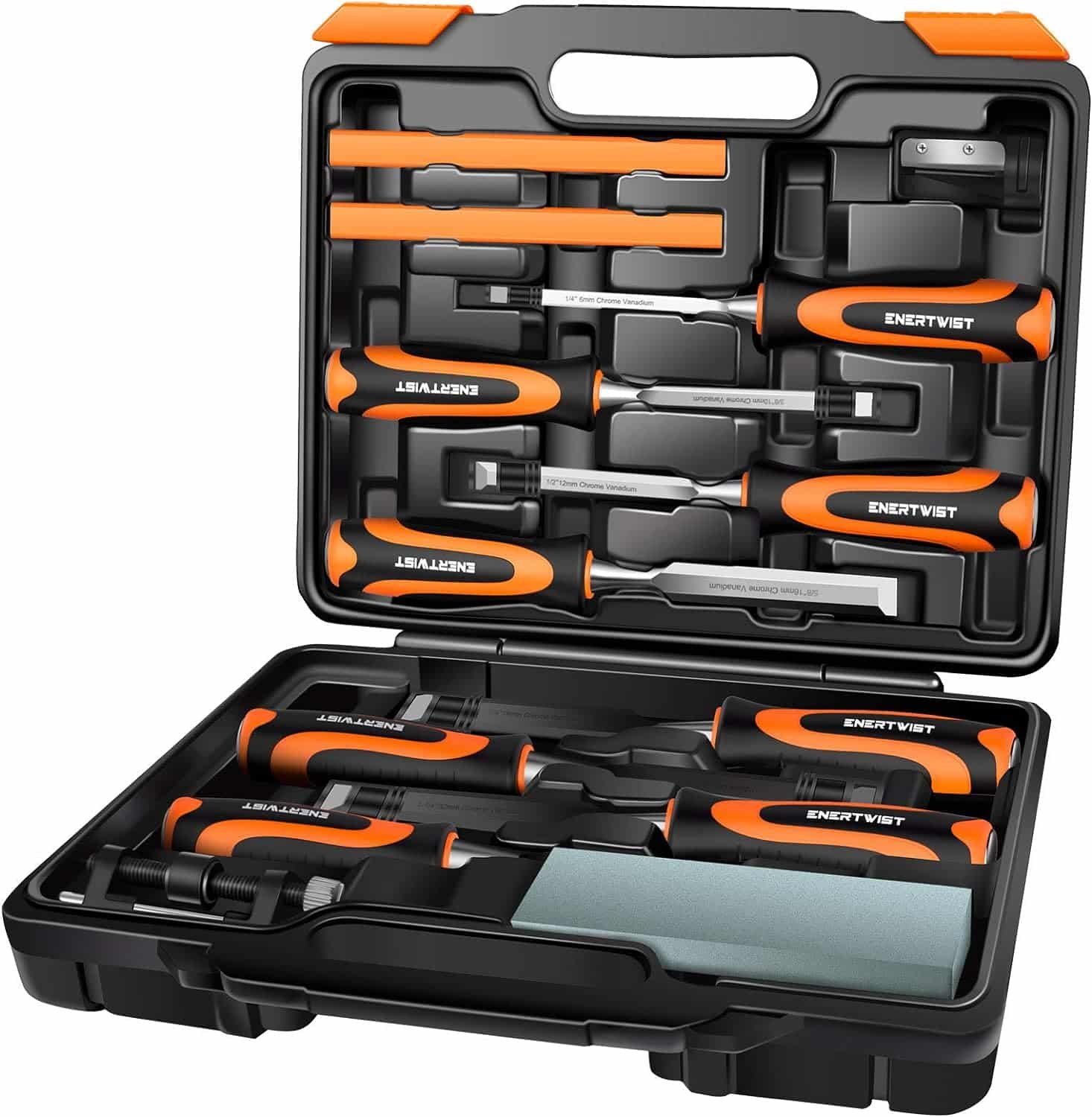 ENERTWIST 13pcs Wood Chisel Set for Woodworking with CR-V Steel Chisels, Sharpening Stone, Honing Guide, Carpenter Pencils, and Sharpener in Hard Case.