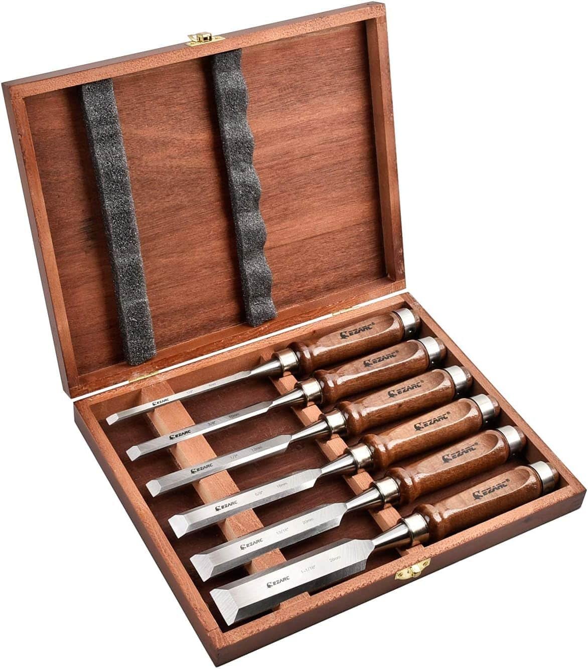 EZARC 6 Piece Wood Chisel Tool Set for Woodworking with CR-V Steel Beveled Edge Blades and Premium Wooden Case.