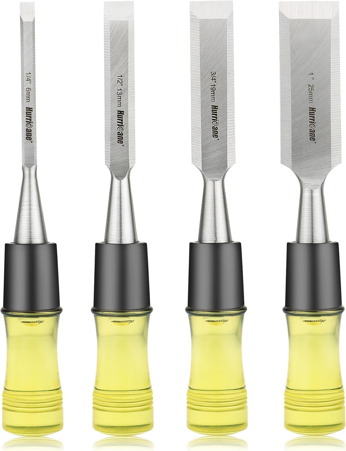 HURRICANE 4 Piece Wood Chisel Set for Woodworking with CR-V Steel Beveled Edge Blades and Durable PVC High Impact Handles.