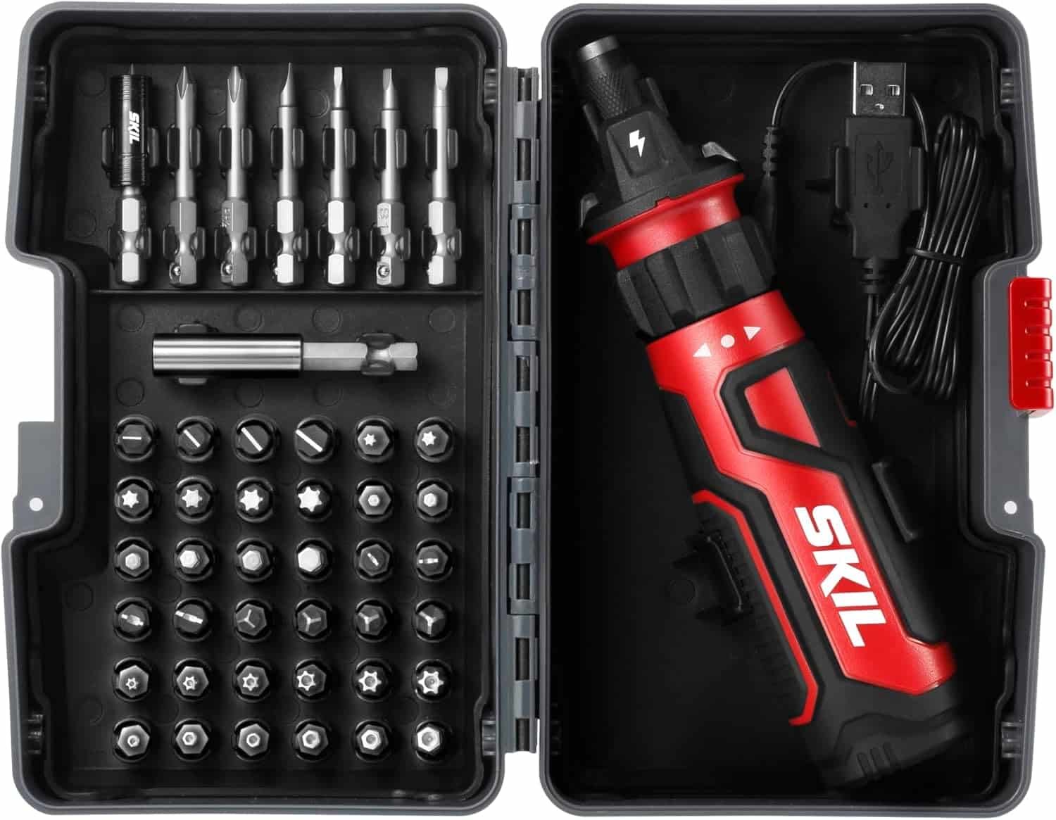 SKIL Rechargeable 4V Cordless Screwdriver with Circuit Sensor Technology, 45pcs Bit Set, USB Charging Cable, Carrying Case (SD561204)