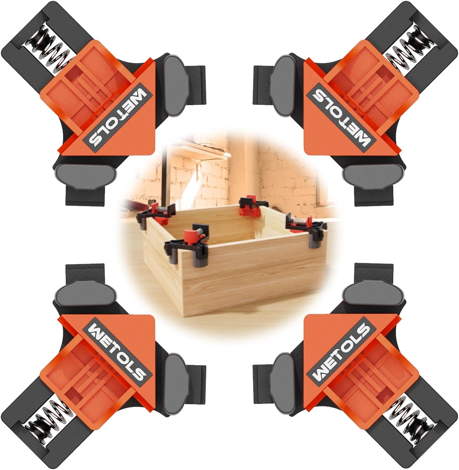 WETOLS 90-Degree Corner Clamps for Woodworking – 4Pcs Adjustable Spring-Loaded Wood Clamps, Orange, Ideal for Photo Framing and DIY Projects