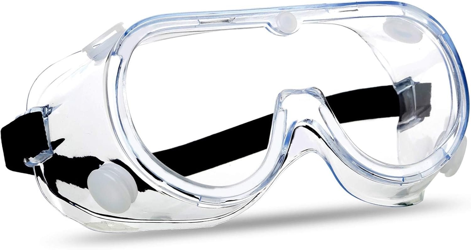 Anti-fog safety goggles with clear lens, wide-vision design, adjustable strap, and lightweight construction for chemical splash eye protection