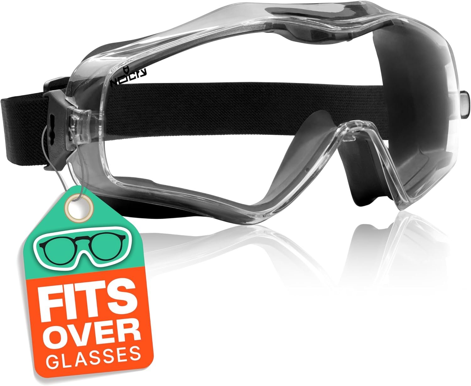 NoCry safety goggles over glasses with ANSI Z87.1 certification, anti-fog and anti-scratch UV380 lenses, adjustable strap, ideal for chemistry labs